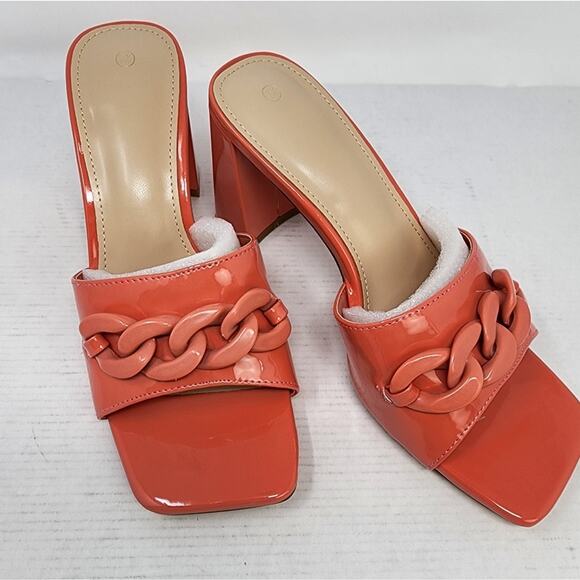 Tangerine Chunky Heel Sandals Heeled Open Toe Slip on Heels Coral Size 7.5 New - Picture 5 of 9